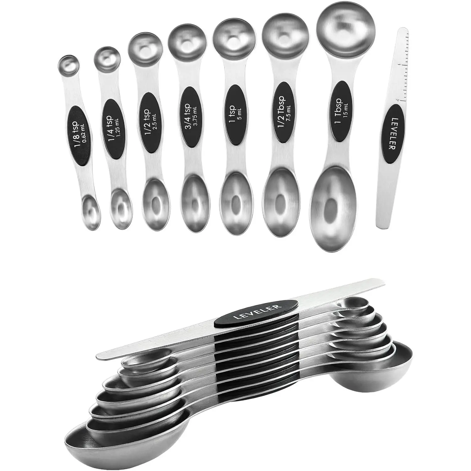 Stainless Steel Magnetic Measuring Spoons Set of 8 with Leveler, Dual Sided Metal Teaspoon & Tablespoon Measuring Spoons, Nesting Kitchen Gadgets for Baking & Cooking - 2 Pack - Black