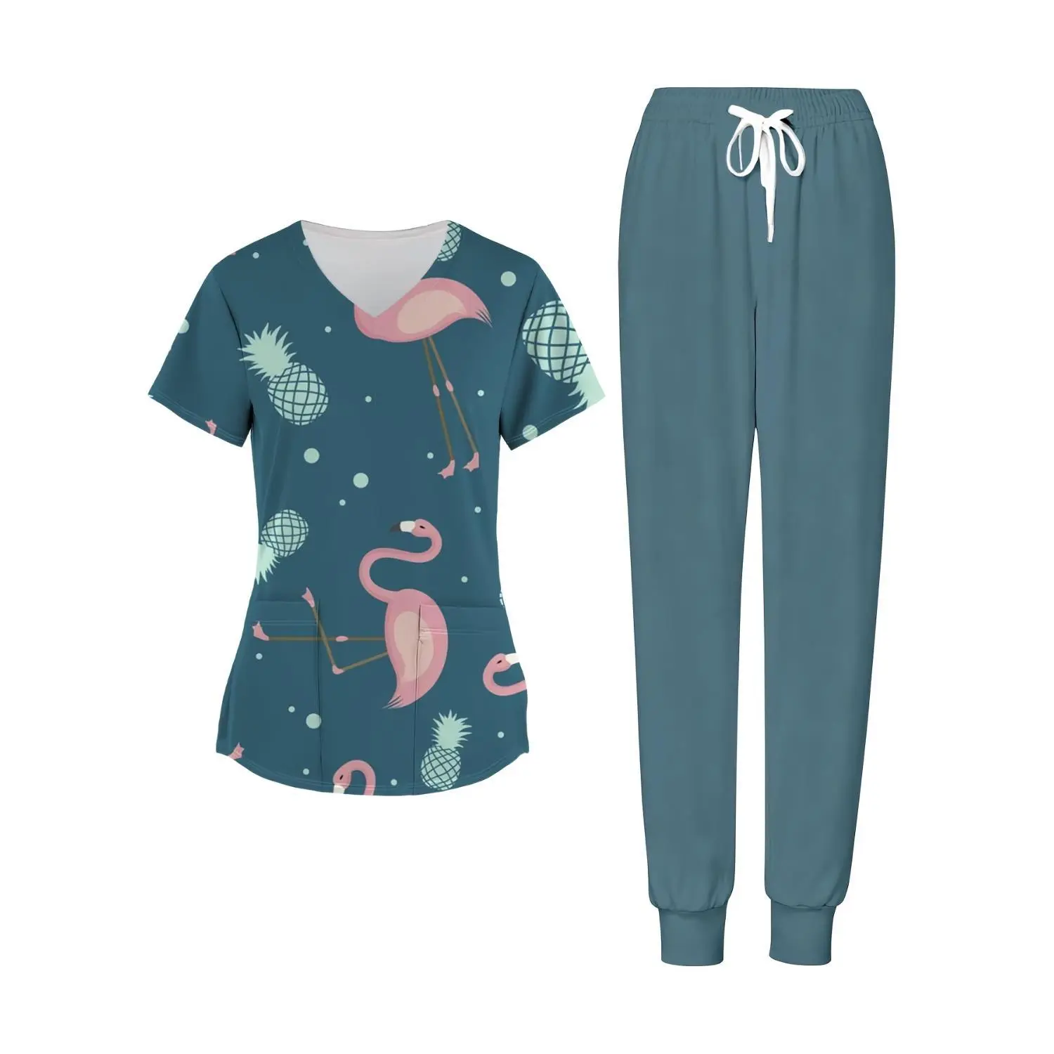 Elegant Women's 2-Piece Printed Set, V-Neck Short Sleeve Scrub Top with Pockets - Flamingo & Pineapple Design for Work, Casual, and Tropical Summer Style