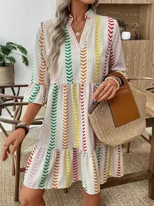 New Summer Spring Women's Casual Elegant V-Neck Layered Mini Dress, Bell Sleeve Midi Dress, Comfortable and Stylish Design