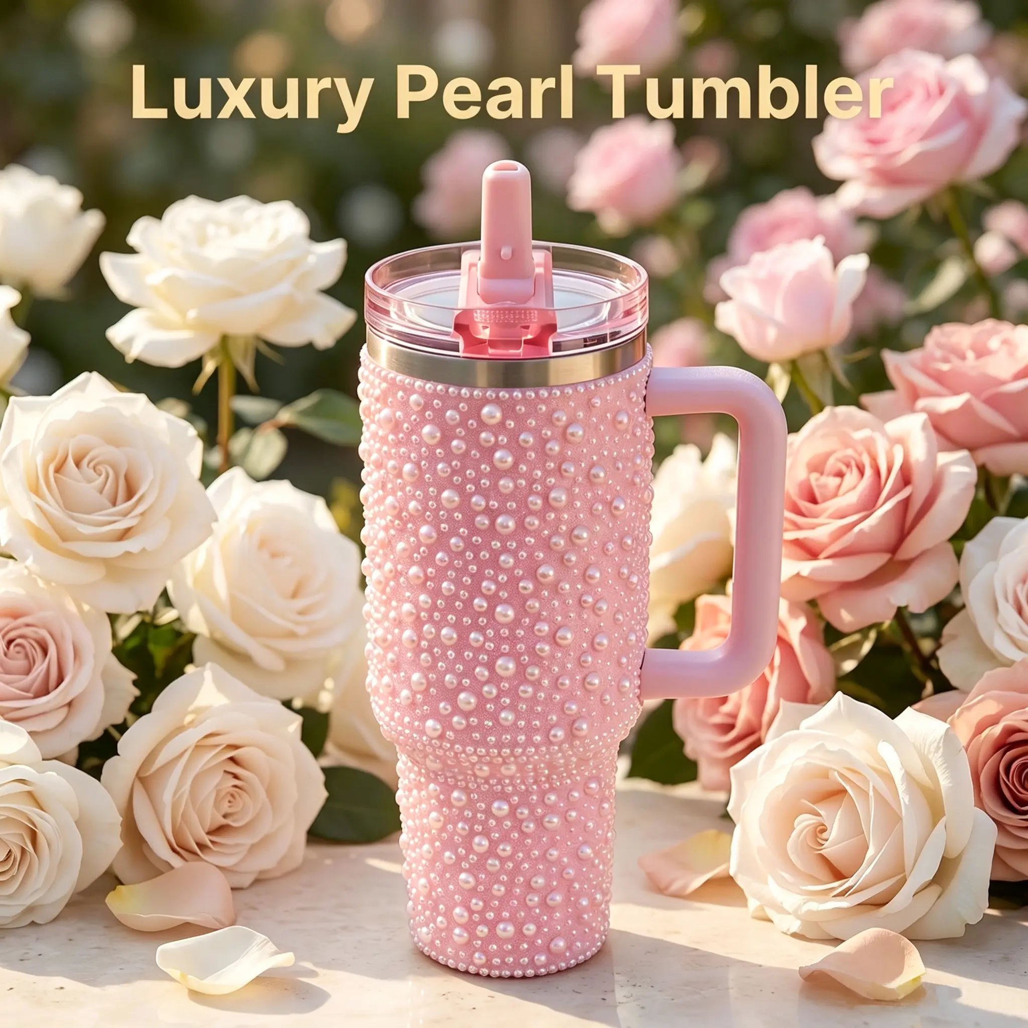 40oz Pearl Pink Stainless Steel Anti-Scalding Tumbler - 1000-2000ml Vacuum Flask, Polka Dot Pearl-Inlaid Decor, 100% Leak-Proof Straw Cover, 0-6 Hours Insulation, Portable Kitchenware Drinkware, Ideal Gift for Friends and Family, US Domestic Shipping