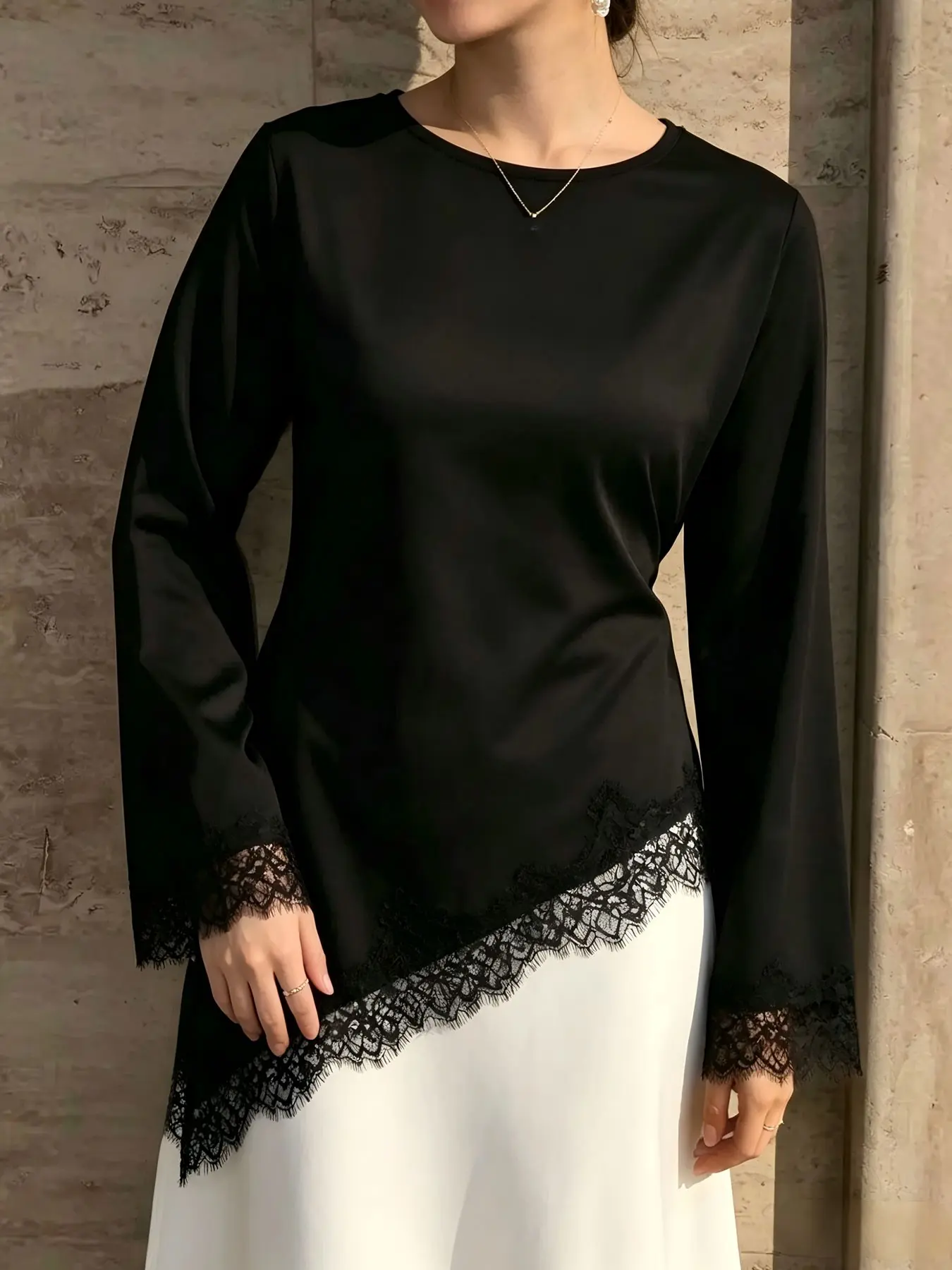 Women's 2026 Fashion Vintage Bow Tie Lace T-Shirt, Round Neck Long Sleeve Solid Asymmetrical Hem Top, Elegant Casual Daily Wear