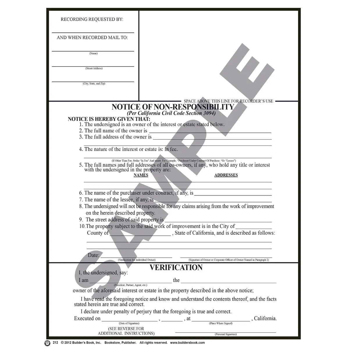 212 - Notice of Non-Responsibility Pack of 25 Forms