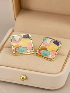 French-style vintage drip glaze earrings, niche design, 925 silver posts, colorful studs, enamel geometric square earrings, suitable for daily wear and party gatherings, can be given as holiday gifts, Mother's Day, birthday gifts, couples