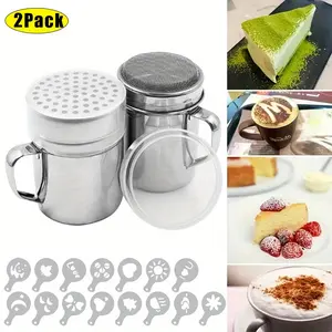 2 Pack Powder Sugar Shaker Duster & Seasoning Shaker with Handle - Fine & Large Mesh Powder Shaker for Baking Soda, Cinnamon, Salt, Sugar, Msg - Includes 16 Coffee Stencils