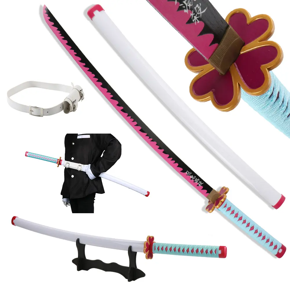 41-in Anime Sword Katana, Demon Slayer Kanroji Mitsuri Bamboo Wooden Dull Blade Fencing Prop with Belt, Holder & Stand Display for Halloween Cosplay Collection, Samurai Katana, Plastic