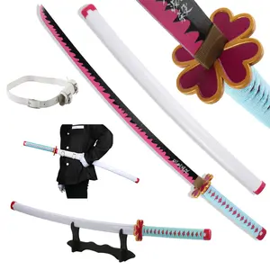 41 inches Anime Bamboo Wooden Dull Blade Demon Slayer Sword Cosplay Kanroji Mitsuri with Belt & Holder Stand Display for Halloween Cosplay Role Playing Collection
