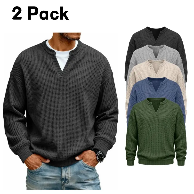 2 Pack Men’s Waffle Knit Sweaters, Textured Notch Neck Long Sleeve Pullovers, Solid Color Casual Layering Tops for Work, Travel and Daily Wear