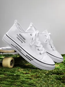 Unisex Classic Low-Top Canvas Shoes, Breathable Denim Blue Textile Upper, Letter Print Casual Skateboard Style Sneakers
