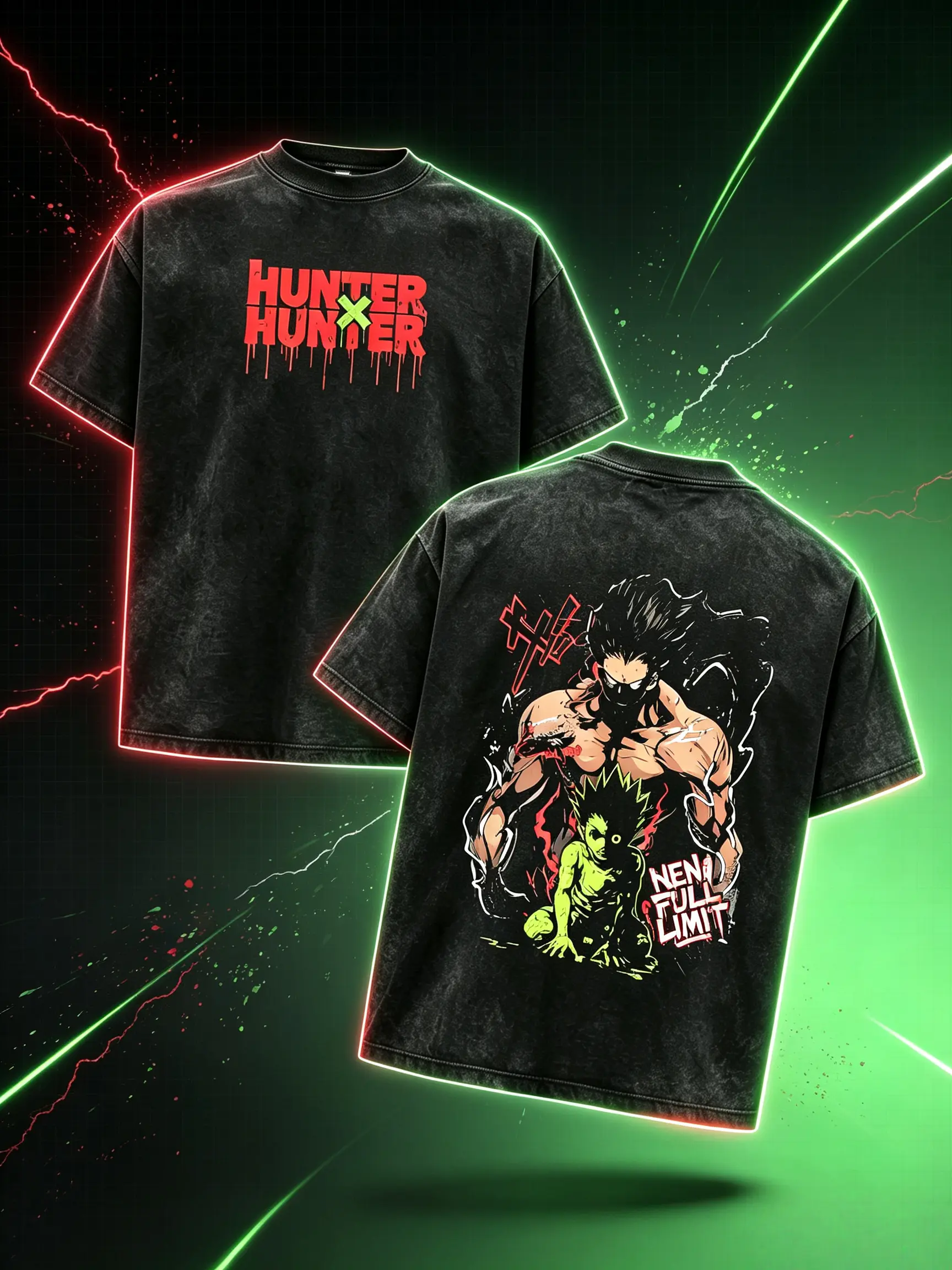 Hunter X Hunter Gon Freecss Adult Transformation Vintage Acid Wash Oversized T-Shirt Front Drip Red Hunter X Hunter Logo Back Nen Full Limit Gon Graphic Distressed Black Unisex Cotton Crewneck Anime Tee Gift For HxH Manga Fans Casual Street Outfit