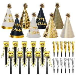 1 Set Birthday Party Hat Decoration Set – Gold Cone Hats Includes 8 Paper Party Hats and 22 Metallic Noise Makers for Adult Celebrations