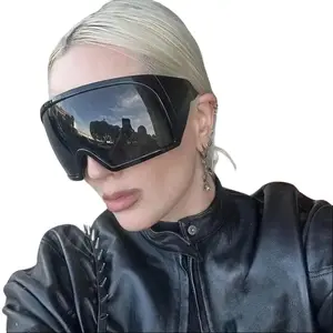 2026 New 2-Piece Y2K Oversized Wrap Around Sunglasses, Futuristic Steampunk Curved Lens Shades with UV400 Protection, Ideal for Party & Carnival