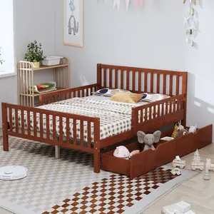 Full Size Wood Platform Bed with Guardrails on Both Sides and Two Storage Drawers, Walnut bed frame