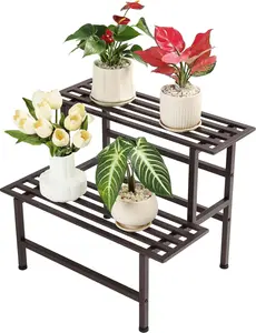 Metal  Stand Outdoor  Shelf Indoor,2 Tier Heavy Duty Ladder  Stands for Multiple ,26" L x 20.25" H x 17.75" W,Coffee