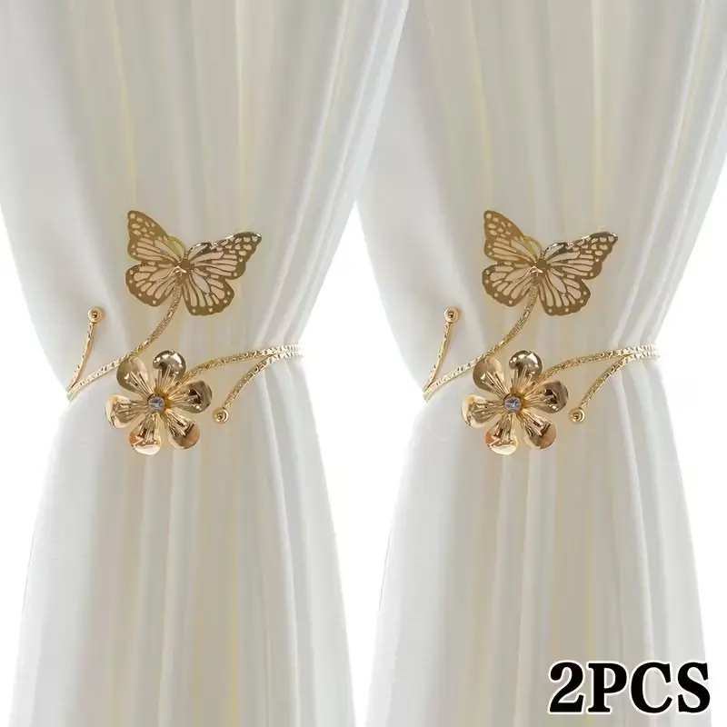 2pc Metal Curtain Holders, Butterfly & Flower Design, Adjustable No-Drill Curtain Hooks for Drapes, Modern Decor for Living Room, Bedroom, Office, Curtain Tie Backs For Curtains