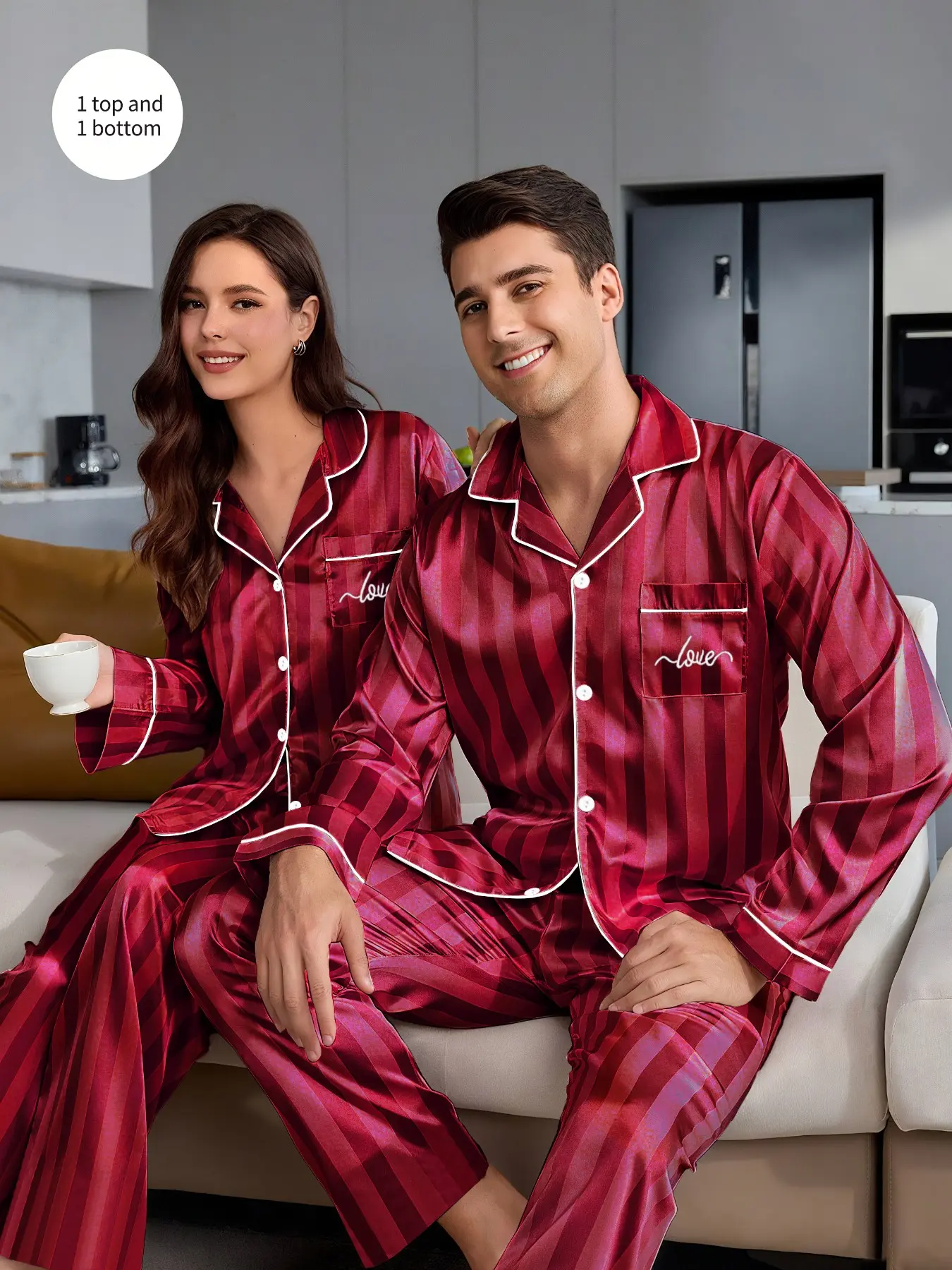 Couple Matching Sleepwear Set, Pajama, Spring & Fall Ice Silk Long Sleeve Home Wear, Summer Men's Faux Silk Two-Piece Casual Clothes