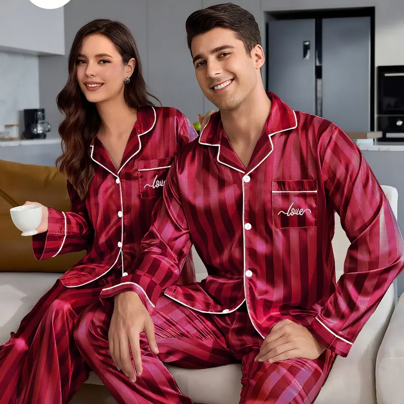 Couple Matching Sleepwear Set, Pajama, Spring & Fall Ice Silk Long Sleeve Home Wear, Summer Men's Faux Silk Two-Piece Casual, Matching Sets