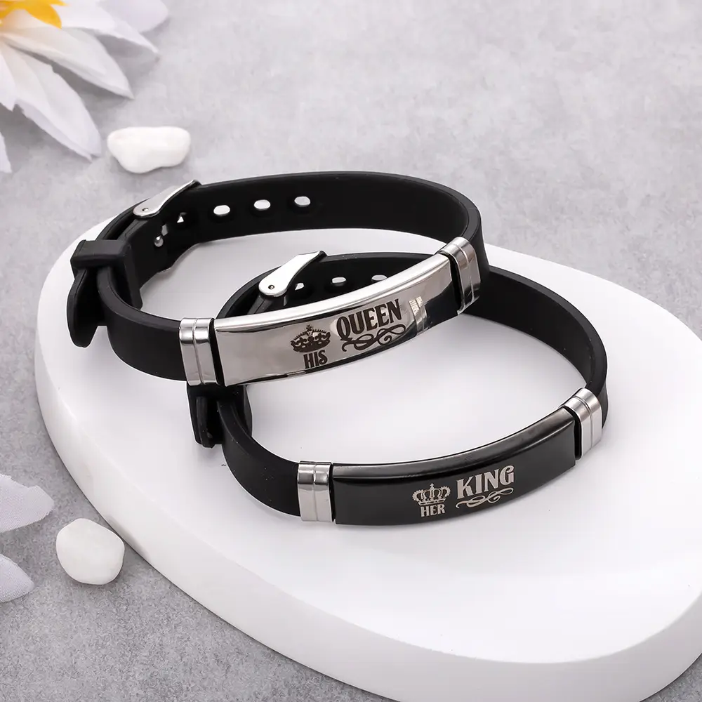 Bracelet for Him Her Silicone Rubber Polish Stainless Steel ID Adjustable Bracelet Outdoor Sport Wristbands for Boyfriend Girlfriend,Friendship Gift for Best Friend