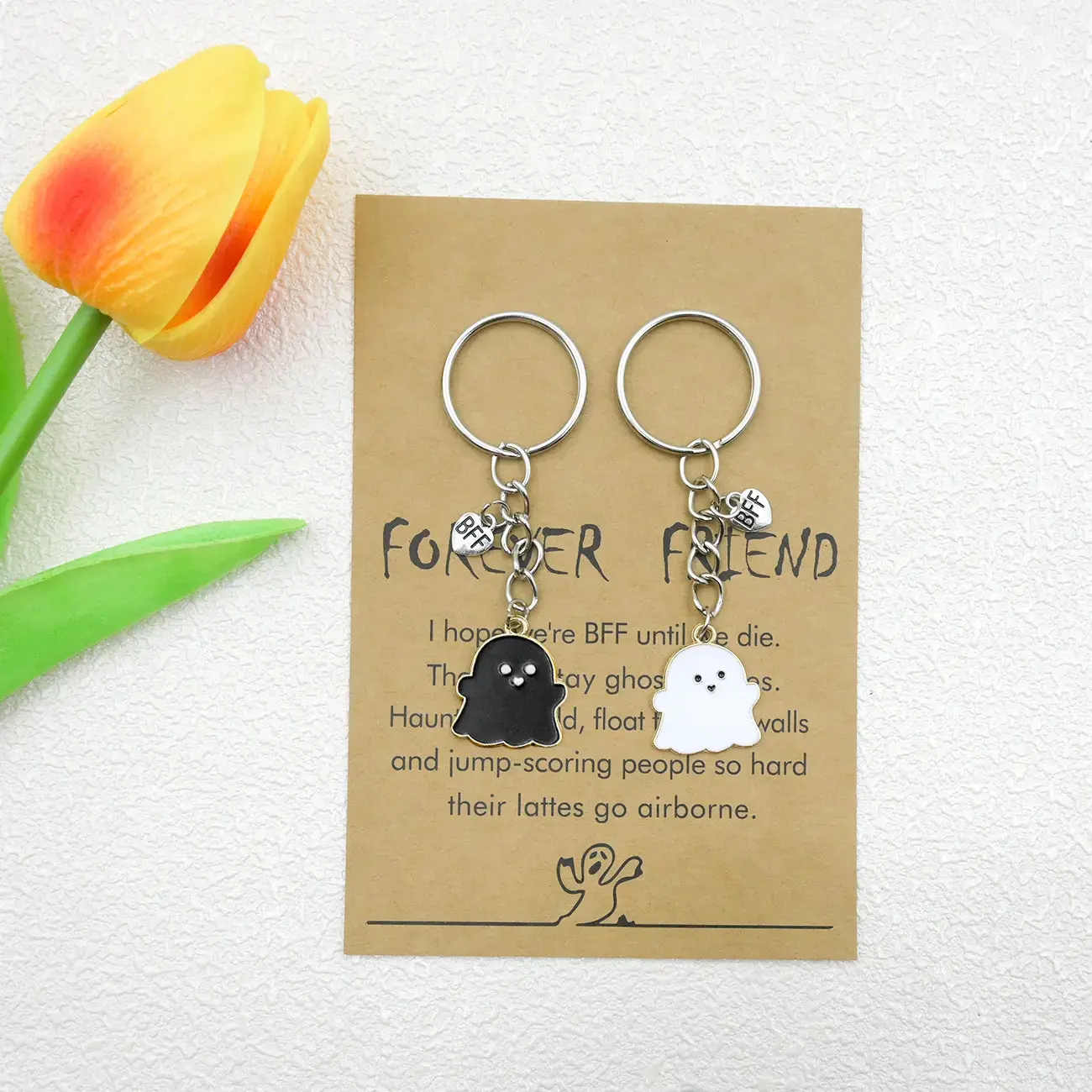 2-Piece BFF Ghost Keychain Set, Black & White Ghost Charms with BFF Heart Tag, Funny Forever Friend Card, Cute Spooky Bestie Gift for Women, Teens & Best Friends