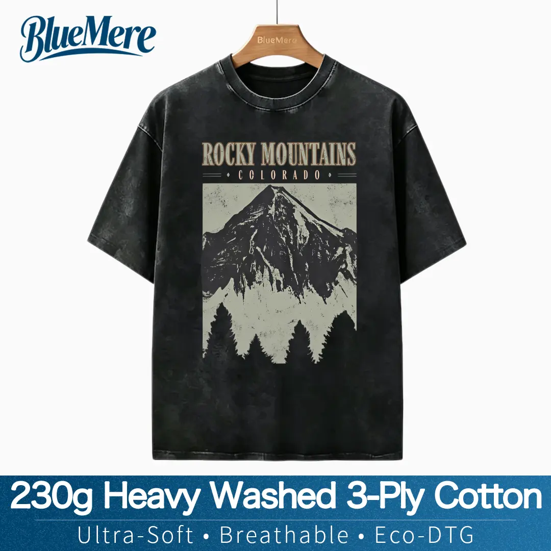 【BlueMere】Women's 230g Heavy Washed 3-Ply Cotton Short-Sleeve Crew Neck T-Shirt, Vintage Mountain Pattern, Eco-Friendly Casual Heavyweight Streetwear Top, Up to Size Up Tshirt, Shortsleeve, Round Neck, Lady, Relaxed Cut, Loose-Fitting, Everyday, Style