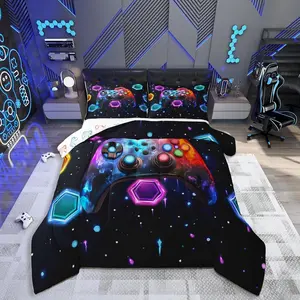 Gamer Kids Comforter Set Gaming Bedding Set Video Game Duvet Quilt for Kids Boys Girls Bedroom Geometric Decor Microfiber Ultra Soft Breathable