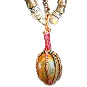 Wire Wrapped Moss Blood Agate Pendant with Cracked Glass Necklace - Unique Design Jewelry Piece