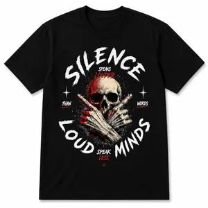 Men's Oversized Black Round Neck Casual Classic Distressed Skull Graphic T-Shirt - Gothic Streetwear, Grunge Punk Rock Skeleton Design, Silence Speaks Louder, Biker Halloween Gift, Alternative Fashion Top