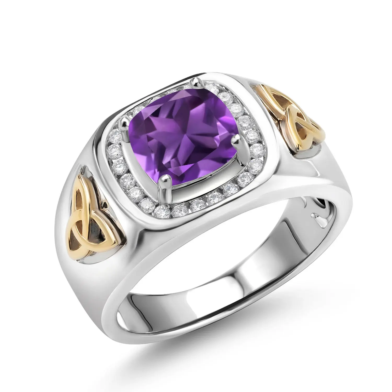 Two-Tone Cushion Cut Ring for Men | 8MM Gemstone Birthstone and Lab Grown Diamond | 925 Sterling Silver & 10K Yellow Gold | Available in Size 7-13