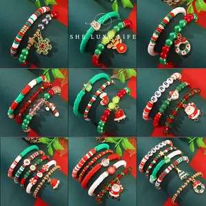 SheLuxeLife | Women's Christmas Element Bracelet Set with Santa Claus and Snowflake Charms, Colorful Polymer Clay Beads