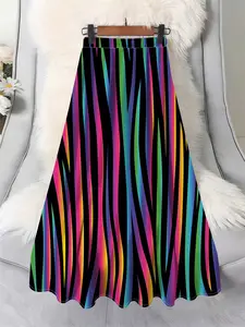 Women's Plus Size Colorful Half-Sleeve Dress, Loose Fit Casual Comfortable Commuter High Waist Midi Skirt, Spring & Fall Fashion