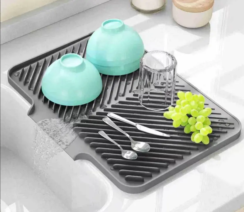 Large Silicone Dish Drying Mat with Built-in Drain Lip, Heat-Resistant Easy-Clean Kitchen Counter Drainer Mat, Multi-Purpose Home Coaster & Gift Option storage plate rack organizer