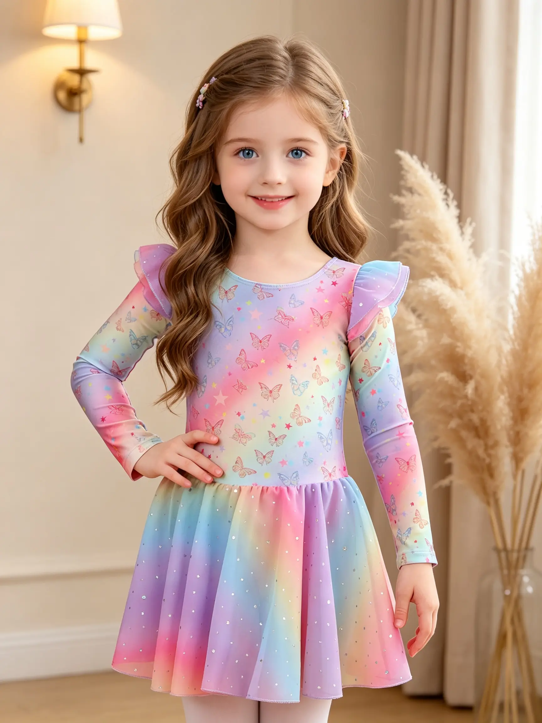 Toddler Girls' Sweet Polyester Rainbow Gradient Butterfly Print Ballet Leotard - Long Sleeve, Ruffled Shoulder, Sparkly Glitter Tulle Tutu Skirt, Soft Stretch, 4-12 Years, All-Seasons Gymnastics Dance Costume for Practice, Stage Performance