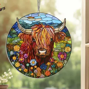 Floral Highland Cow Suncatcher Window Hanging, Cow lover gift, Stained Glass Ornament, Housewarming, Christmas Indoor Hangable Decoration