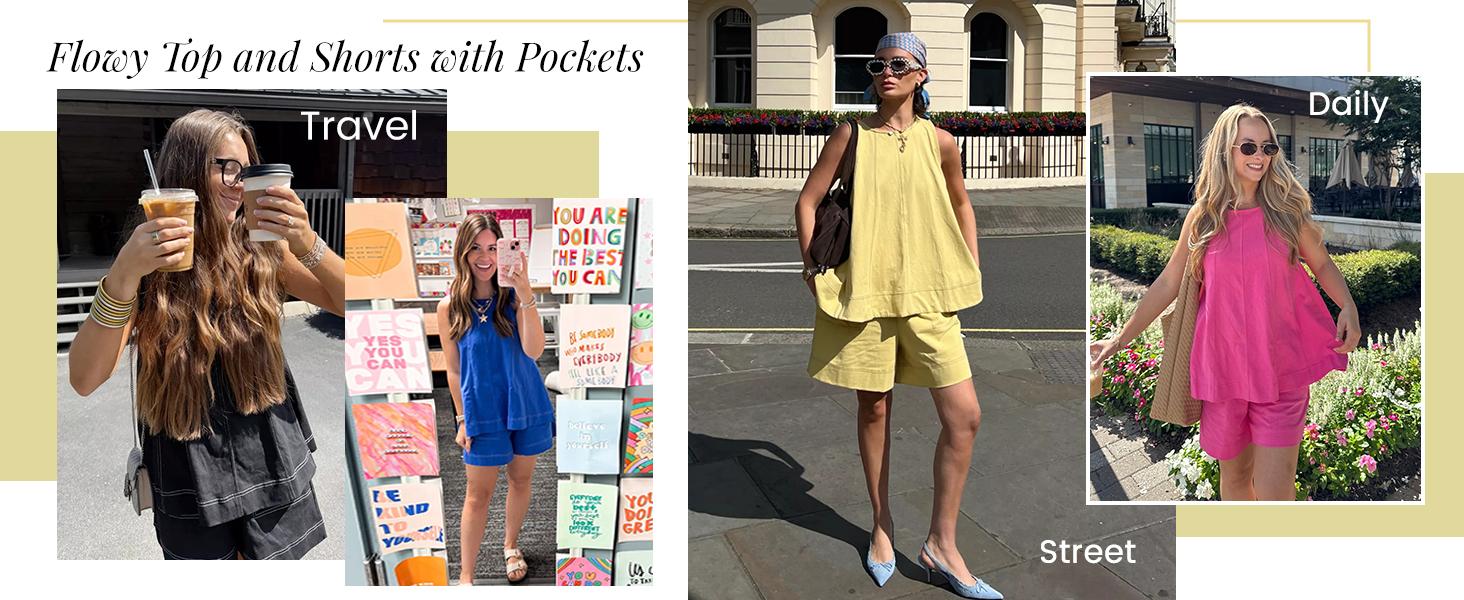 Ommig Womens 2 Piece Outfits Sleeveless Matching Sets A Line Tank Tops Contrast Stitching High Waist Shorts with Pockets