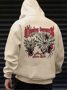 New Men's Spider & Web Pattern Print Ribbed Cuff Hem Sweatshirt, Spring Fall Loose Casual Long Sleeve Hoodie with Pockets, Spider Web Design, Hooded Neckline