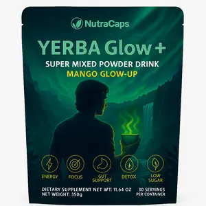 NutraCaps Yerba Glow+ Tropical Detox Drink - Energy, Gut, Focus - 330g Pouch - 30 Servings - Peach Mango Flavor - Low Sugar - Natural Detox & Regularity - 120mg Caffeine