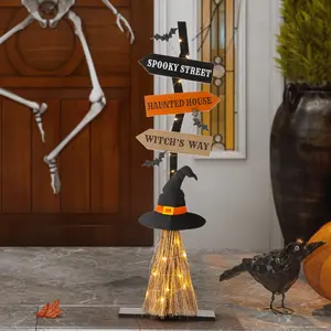 Glitzhome 42"H Lighted Wooden Witch's Broom Porch Decor(KD)