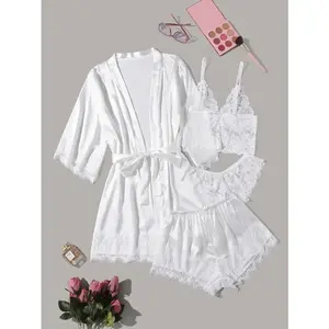 Women's Honeymoon Sets Silk Satin Bridal  Pajamas Set 4pcs Floral Lace Cami Sleepwear with Robe