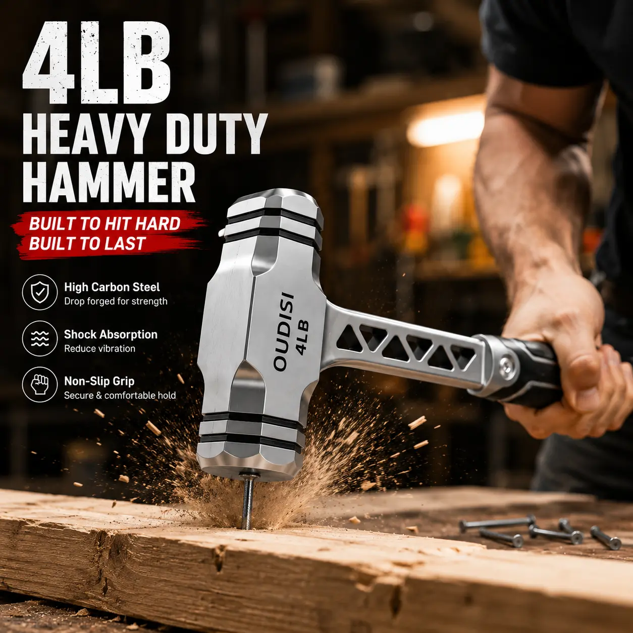 4LB Heavy Duty Sledge Hammer, Dual Face Dead Blow Hammer with Non-Slip Grip Handle, Shock Absorbing Design for Demolition, Construction, Garage Repair & DIY Projects