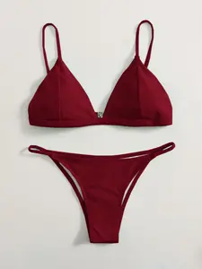 Women's Seam Detail Triangle Thong Two-Piece Set Bikini Set Halter Bikinis Set Summer Beach Halter Triangle Swim Top & High Cut Swim Bottom Two Piece Swimsuit, Ladies Summer Swimwear Halter Bathing Suit