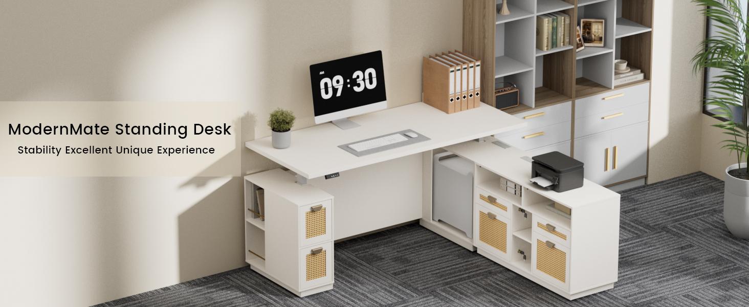 ModernMate 71" L-Shaped Executive Auto-Adjust Distraction-Free Multi-Drawer Computer Workstation Desk, White Rattan Drawers, Engineered Wood Top, Base File Cabinet, Built-In Ports, Privacy Panel, Easy Install for Home & Office, Auto-Adjust Computer Workst