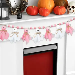 6.6 Ft Pink Halloween Garland Decoration Cute Ghost Home Decor Handmade Ghosts Wooden Beads Rustic Hanging Garland Decor for Home Farmhouse Fireplace Mantel Wall Decor