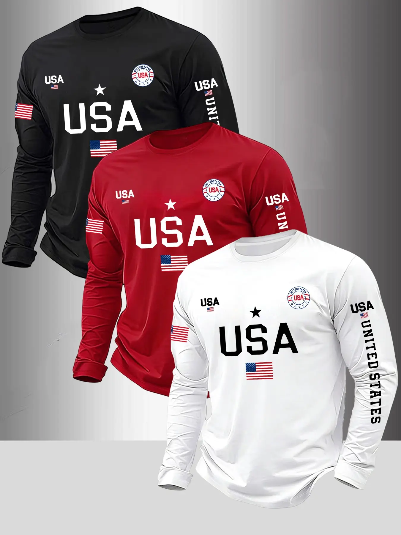 Men's 3-Pack Usa Letter Print Long Sleeve T-Shirt Fabric, Casual Fitted Bottoms, Spring & Fall Fashion, Graphic Pattern, Casual Streetwear Top