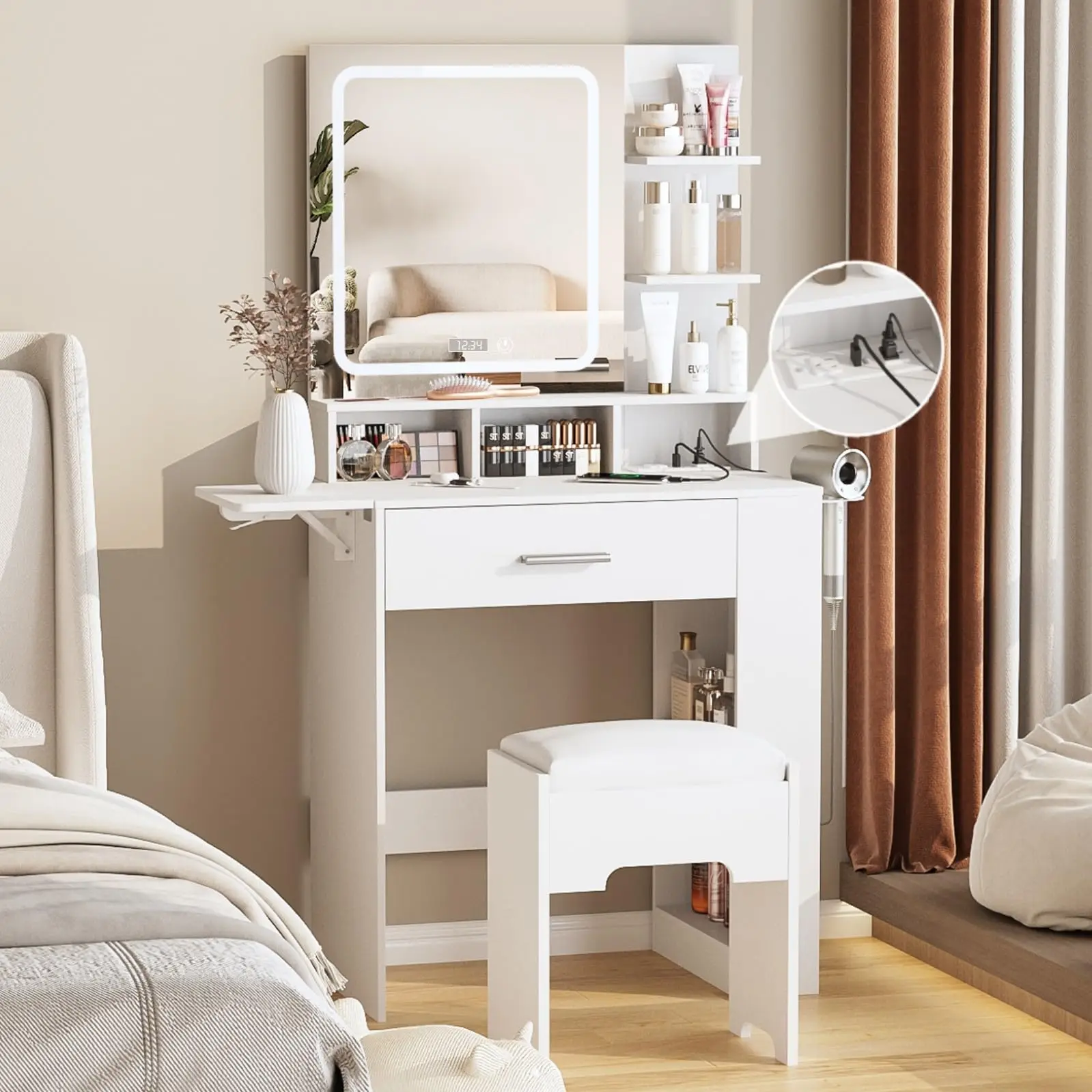 Vabches Vanity Desk with Mirror and Lights, Small Makeup Vanity with Drawer & Lots Storage Shelves, White Vanity Table with Charging Station & Time Di