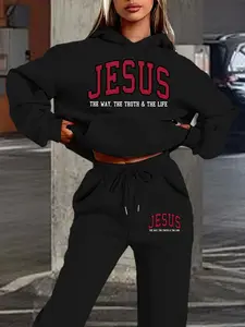 Women's Hooded Sweatshirt Set, Fall & Winter Warm Clothing, American Religious Letter Print, Casual Fitted Style, Casual Lounge Set