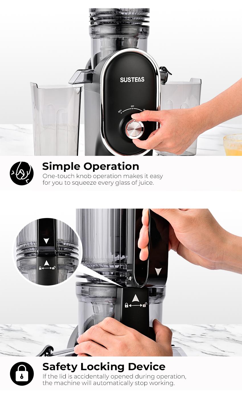 SUSTEAS Juicer Machines, Cold Press Juicer with 5.3'' Large Chute, Slow Masticating, Fits Whole Fruits & Veggies, High Yield, Easy to Clean