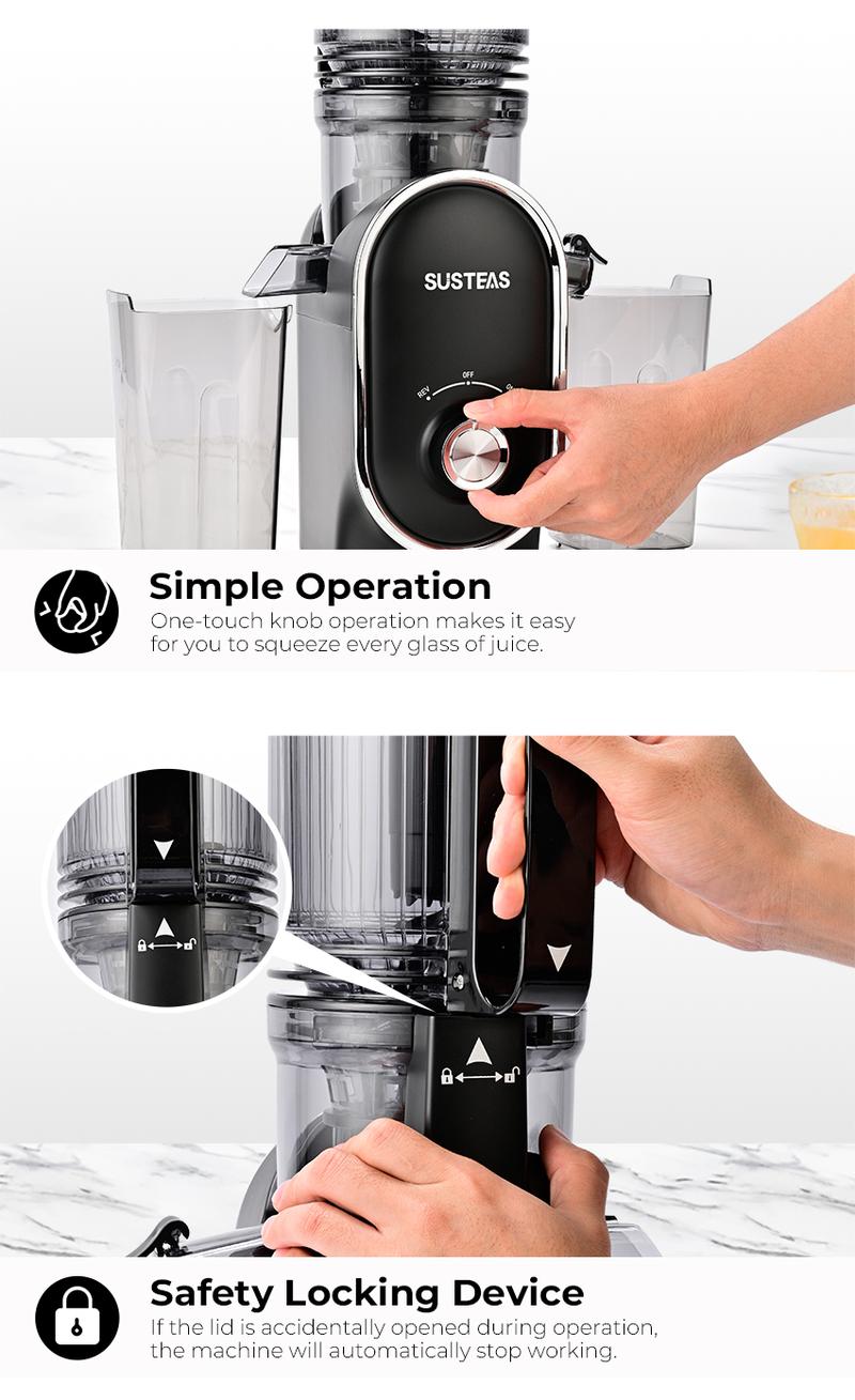 SUSTEAS Juicer Machines, Cold Press Juicer with 5.3'' Large Chute, Slow Masticating, Fits Whole Fruits & Veggies, High Yield, Easy to Clean