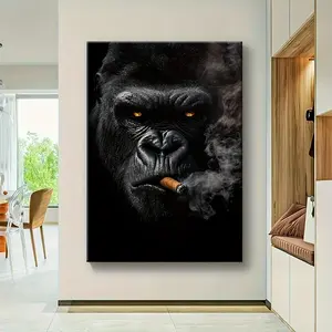 Funny Gorilla Smoking Photo Wall Art Print with Pine Wood Frame, Artistic Home Decoration, Exquisite Poster Ornament for Living Room, Anniversary Gifting