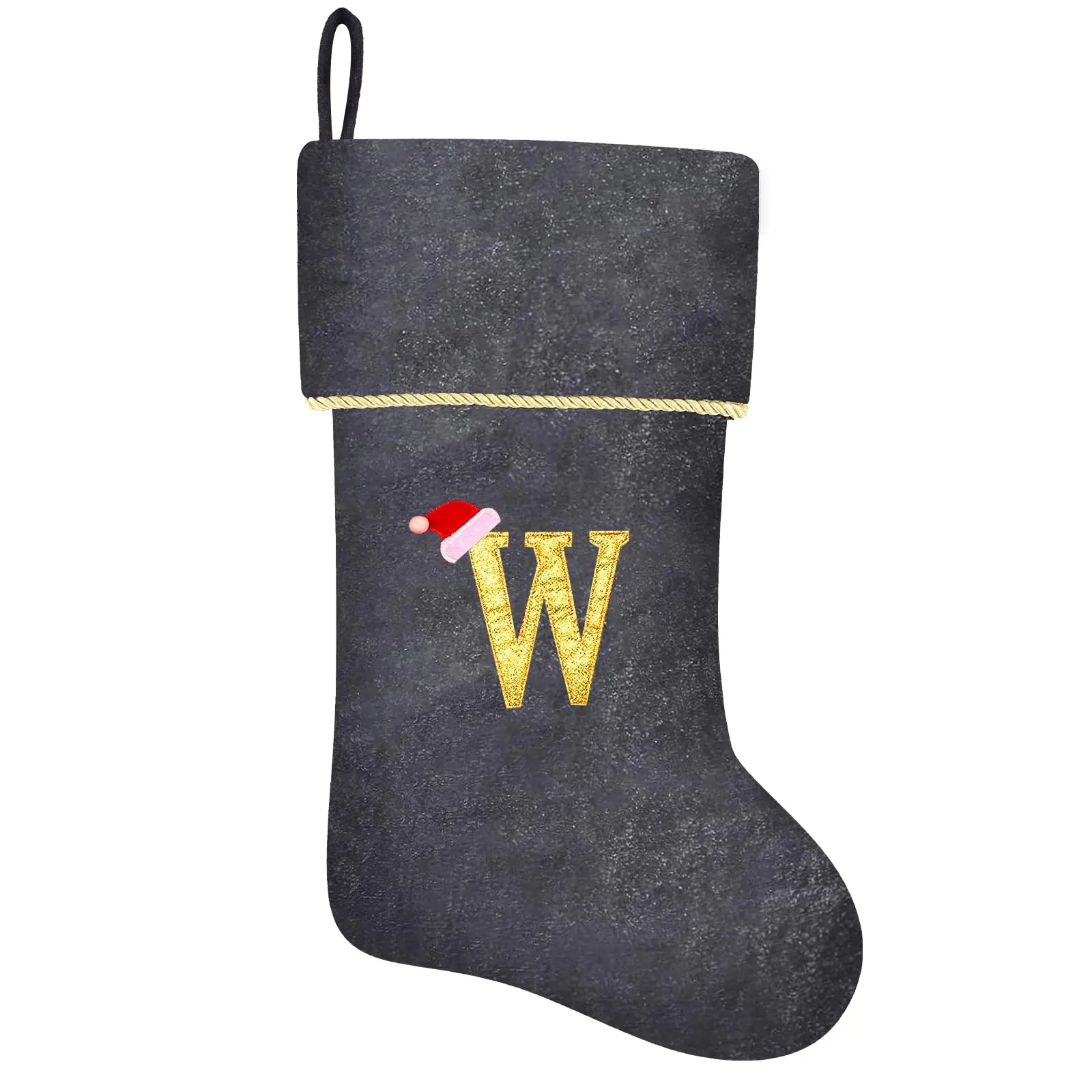 Subyan 20 Inches Initial Monogram Grey Christmas Stocking Personalized Large Embroidered Letter Velvet Christmas Stocking with Gold Trim Decoration for Family Christmas Holiday Party Decor(Letter W)