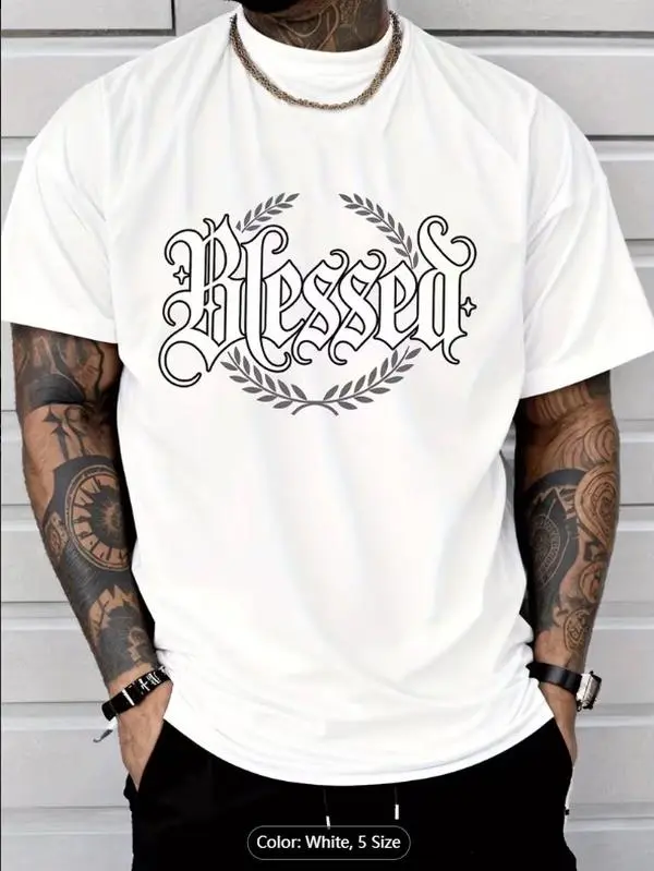 Blessed Letter T-Shirt] Men's Casual Blessed Letter & Wreath Print T-Shirt Men Fashion Street Style Casual Wear Adults Men