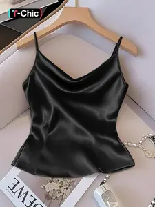 Women's Solid Color Smooth Satin Tank Top Sleeveless, Spaghetti Strap, Adjustable, Fitted, Perfect for Daily Wear, Versatile Layering Piece, Stylish and Comfortable